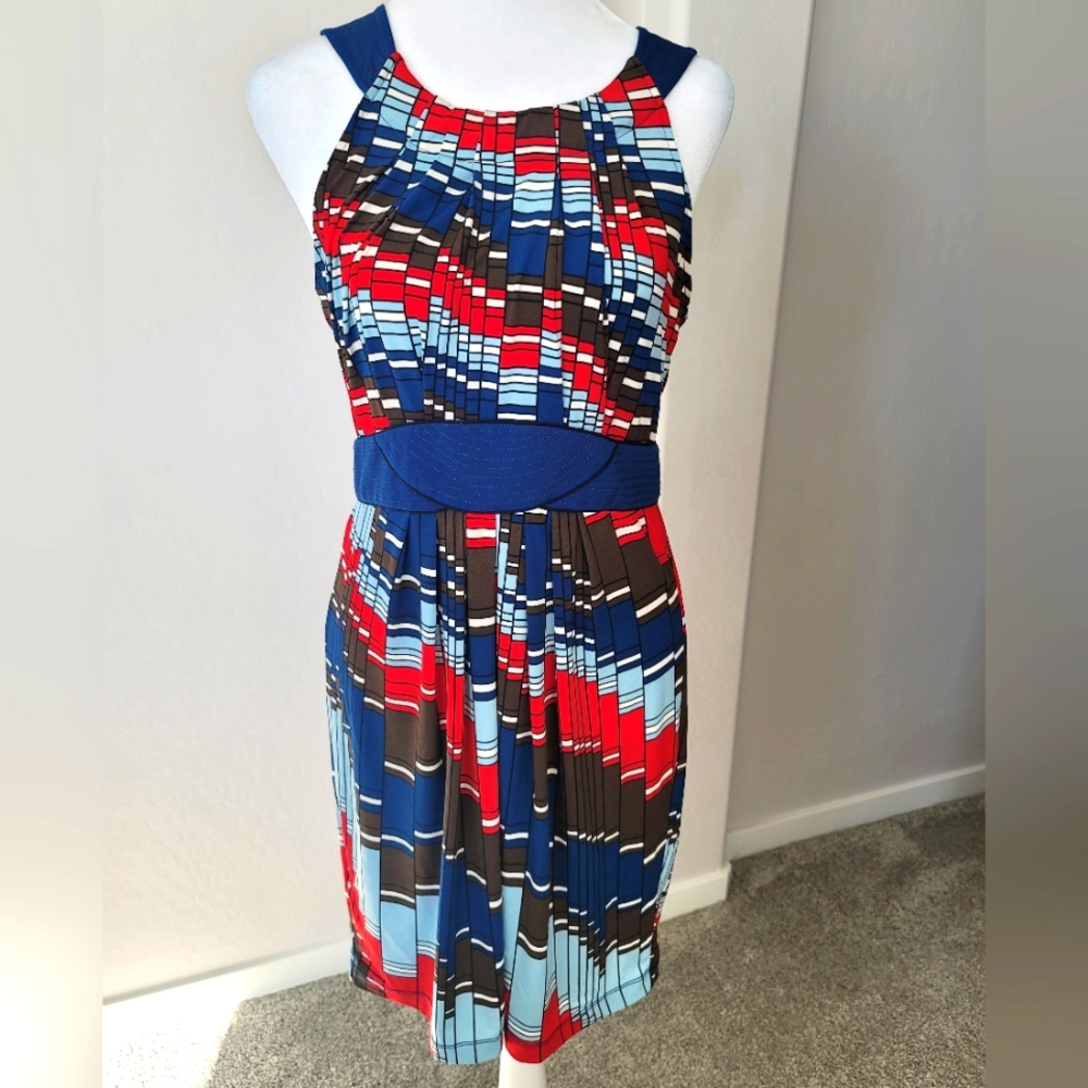 BCBG dress in blues, brown and red.